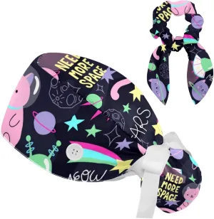 Space Cats Cute Scrub Caps Surgical Women with Button Adjustable Hats Surgical Caps with Scrunchie for Women