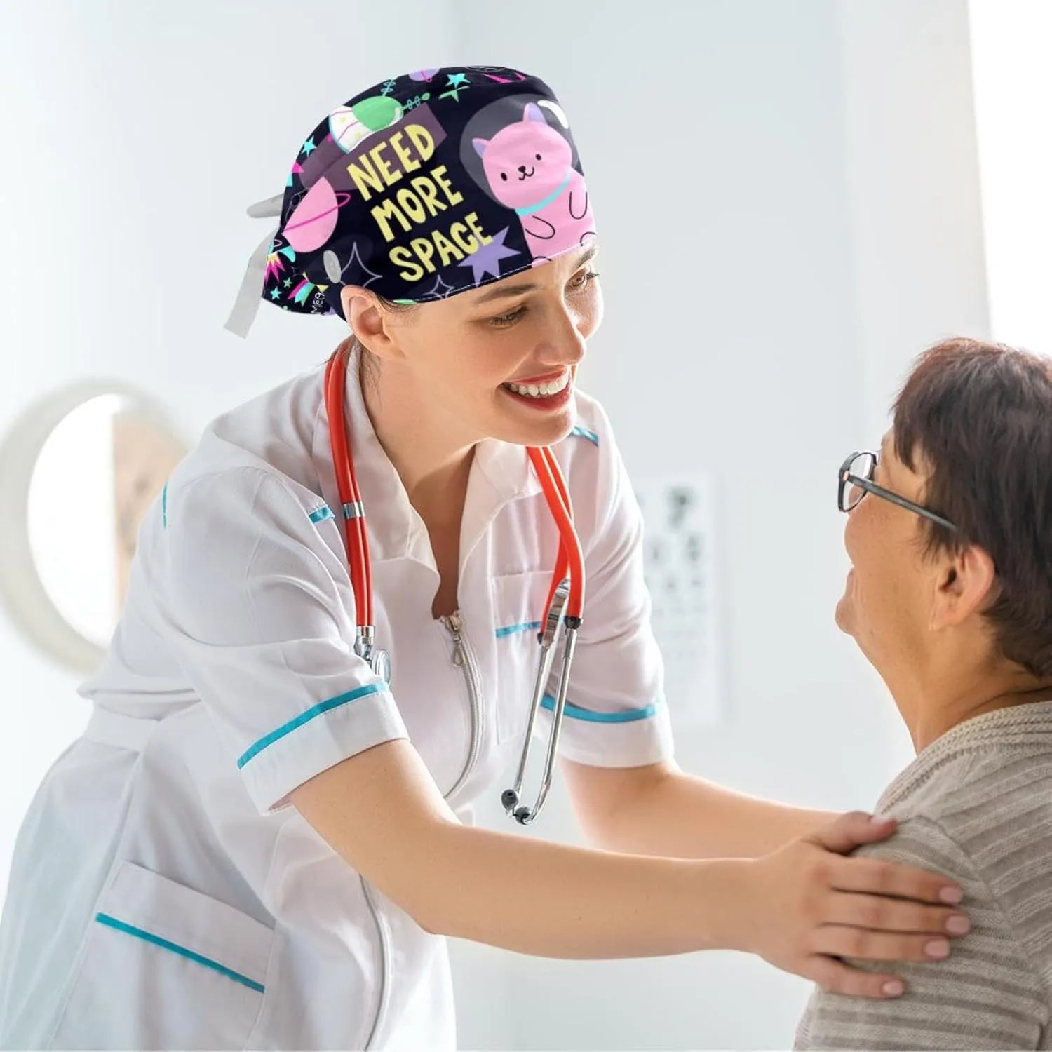 Space Cats Cute Scrub Caps Surgical Women with Button Adjustable Hats Surgical Caps with Scrunchie for Women