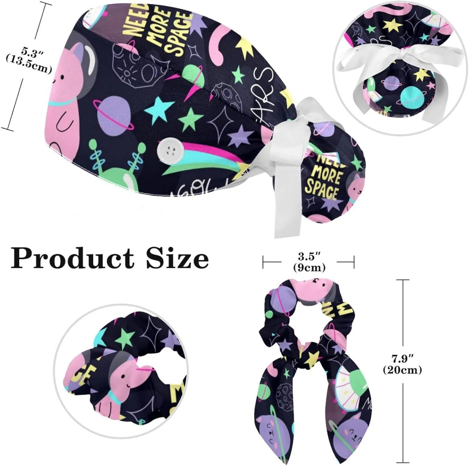 Space Cats Cute Scrub Caps Surgical Women with Button Adjustable Hats Surgical Caps with Scrunchie for Women
