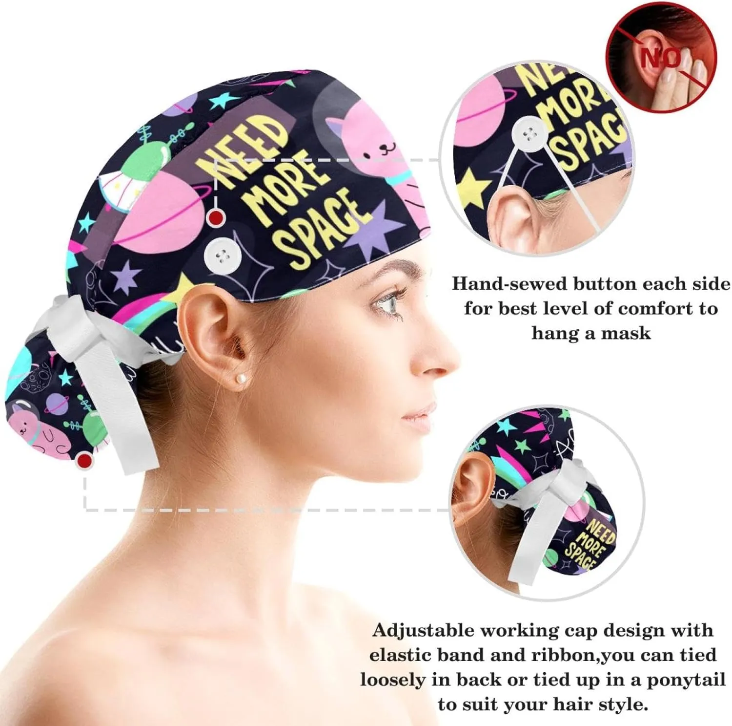 Space Cats Cute Scrub Caps Surgical Women with Button Adjustable Hats Surgical Caps with Scrunchie for Women