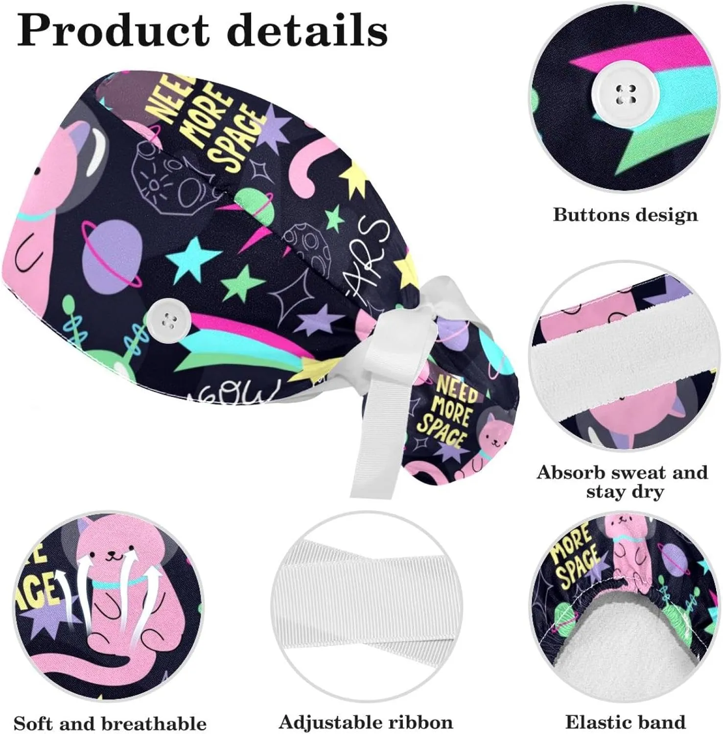 Space Cats Cute Scrub Caps Surgical Women with Button Adjustable Hats Surgical Caps with Scrunchie for Women