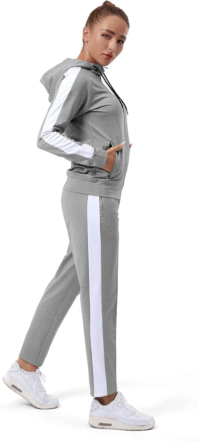 TEZO Womens Full Zip-Up Hoodie Tracksuit Set Long Sleeve Casual Jogging Suits Workout Gym 2 Piece Outfits with Pockets