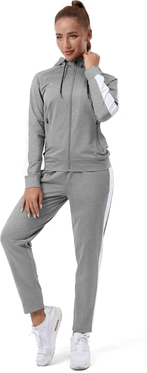 TEZO Womens Full Zip-Up Hoodie Tracksuit Set Long Sleeve Casual Jogging Suits Workout Gym 2 Piece Outfits with Pockets