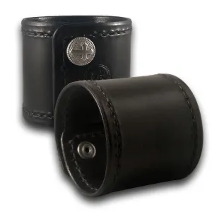 Wide Black Leather Cuff Wristband with Stitching & Cross Snaps