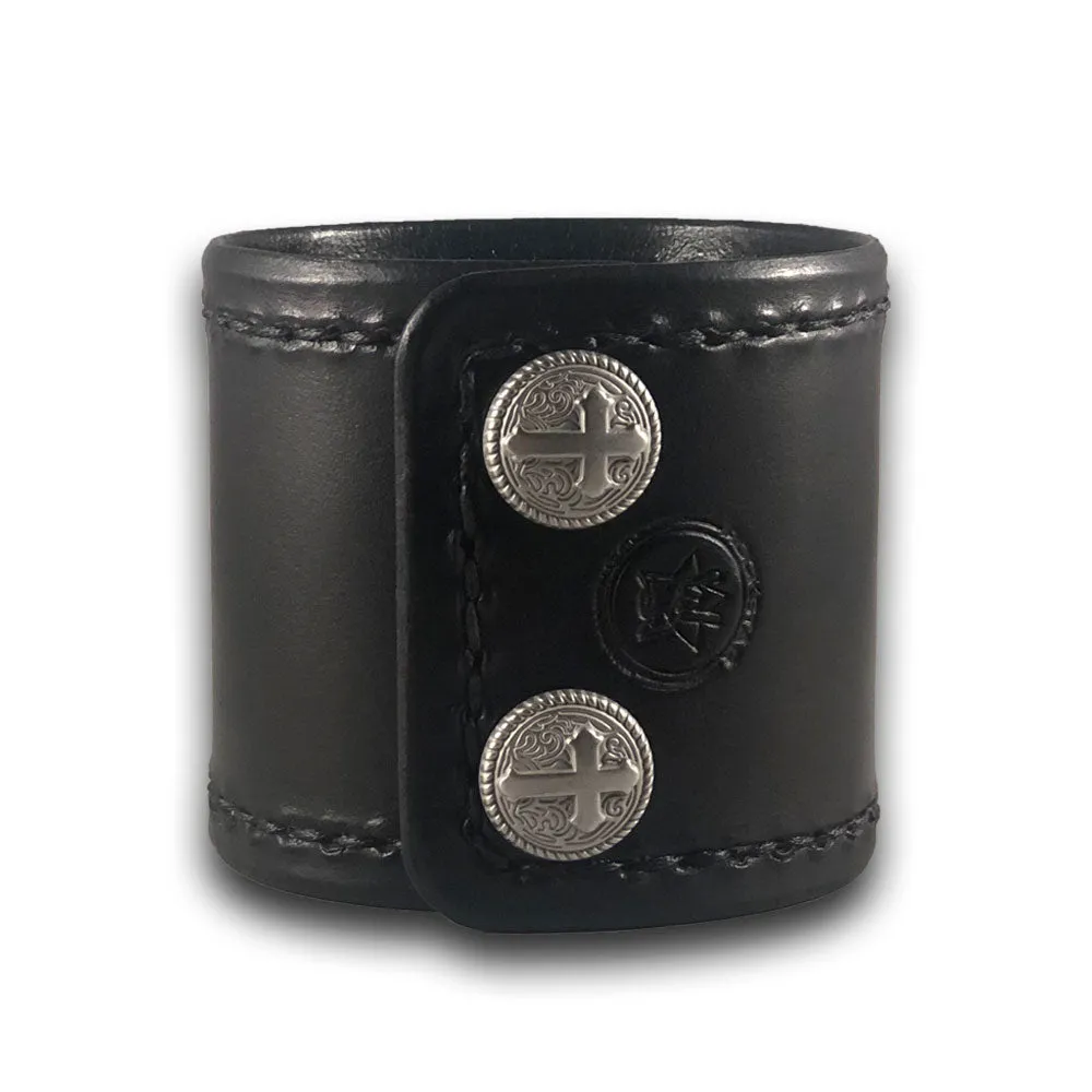 Wide Black Leather Cuff Wristband with Stitching & Cross Snaps