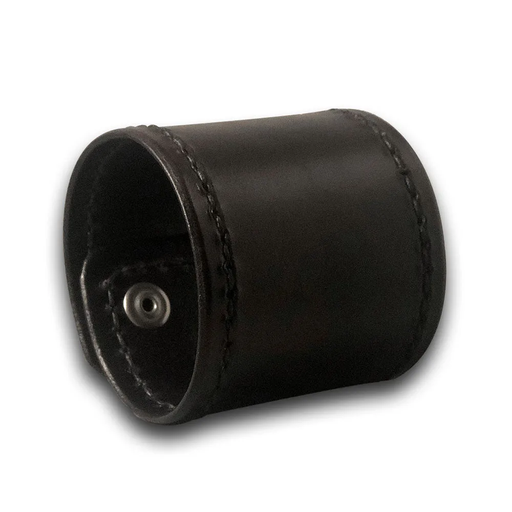 Wide Black Leather Cuff Wristband with Stitching & Cross Snaps